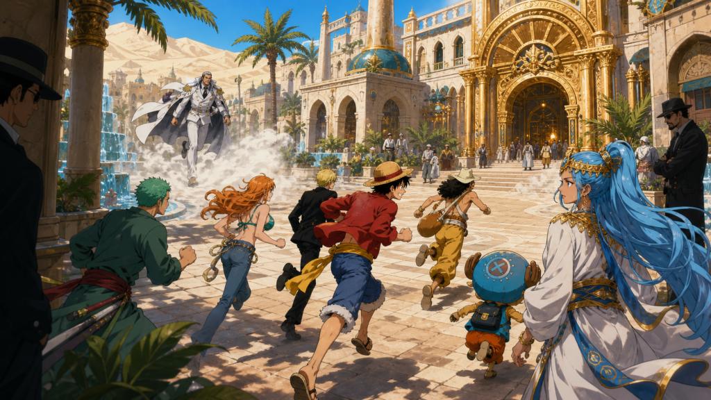 The Straw Hats and Vivi race through Rainbase toward Rain Dinners while Smoker pursues through smoke and Baroque Works agents watch from side streets