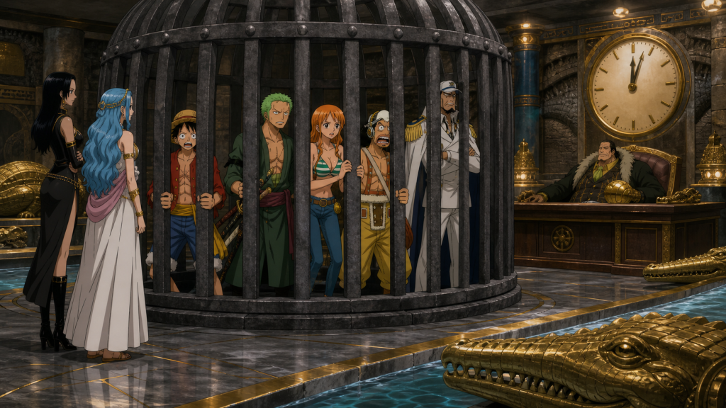 Luffy, Zoro, Nami, Usopp, and Smoker stand inside a seastone cage while Vivi and Miss All Sunday face Crocodile as the clock passes noon