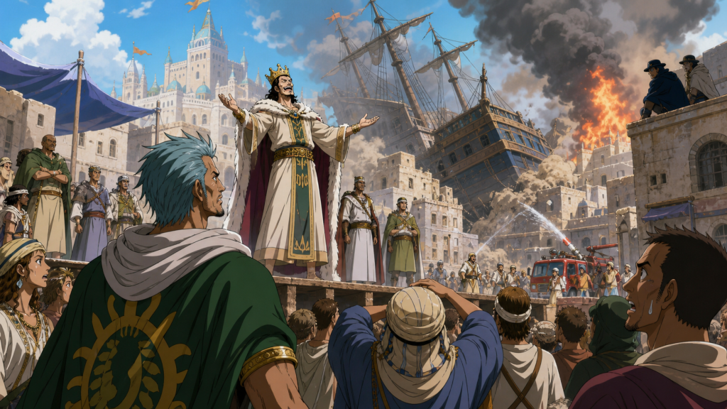 A counterfeit King Cobra delivers a false confession in Nanohana while Koza and citizens witness a staged ship collision and covert agents observe the manufactured crisis