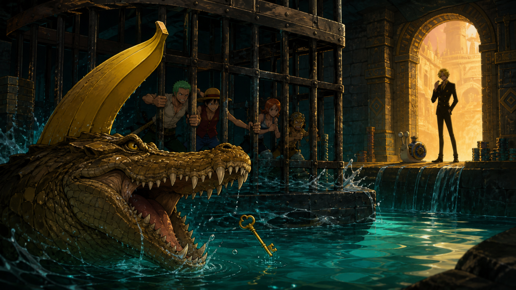 A massive Bananawani guards a sinking cage and swallowed key while Sanji uses a baby Transponder Snail to draw Crocodile outside Rain Dinners