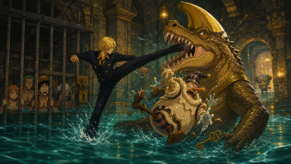 Sanji kicks a giant Bananawani inside the flooding Rain Dinners chamber as Mr. 3 and a wax key emerge beside the trapped Straw Hats