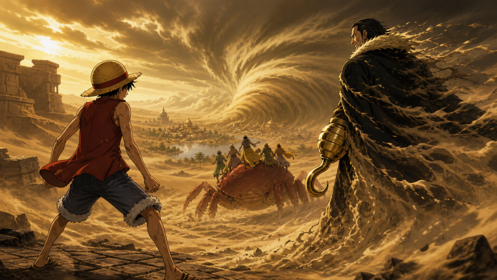 Luffy faces Crocodile alone in the Alabasta desert while a giant sandstorm races toward Yuba and Vivi escapes with the crew on a giant crab
