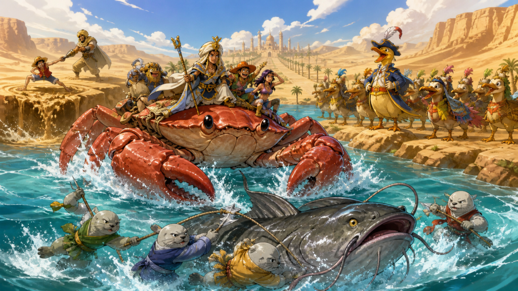 Vivi and the Straw Hats cross the Sandora River on a giant crab while Kung-Fu Dugongs battle a catfish and Karoo’s duck squad waits on the far bank