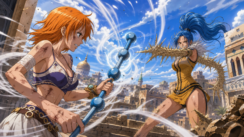 Nami raises the Clima-Tact as wind and cloud energy build against Miss Doublefinger’s spike-covered arms in Alubarna