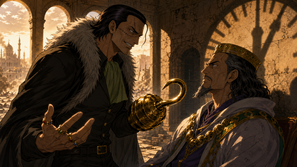 Crocodile threatens King Cobra with his gold hook inside the damaged Alubarna palace as a thirty-minute cannon deadline approaches