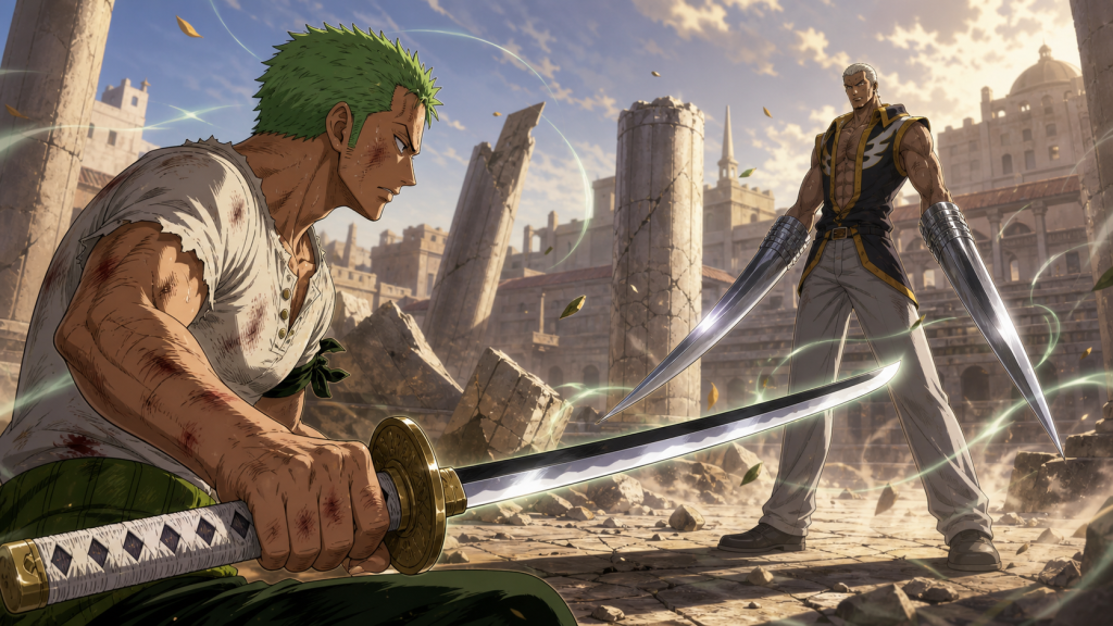 Zoro holds Wado Ichimonji in focused stillness as he senses steel before facing Mr. 1 in a shattered Alubarna courtyard