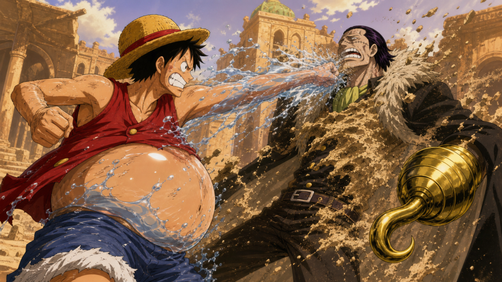 Water Luffy lands a water-soaked punch on Crocodile during their second duel in Alubarna