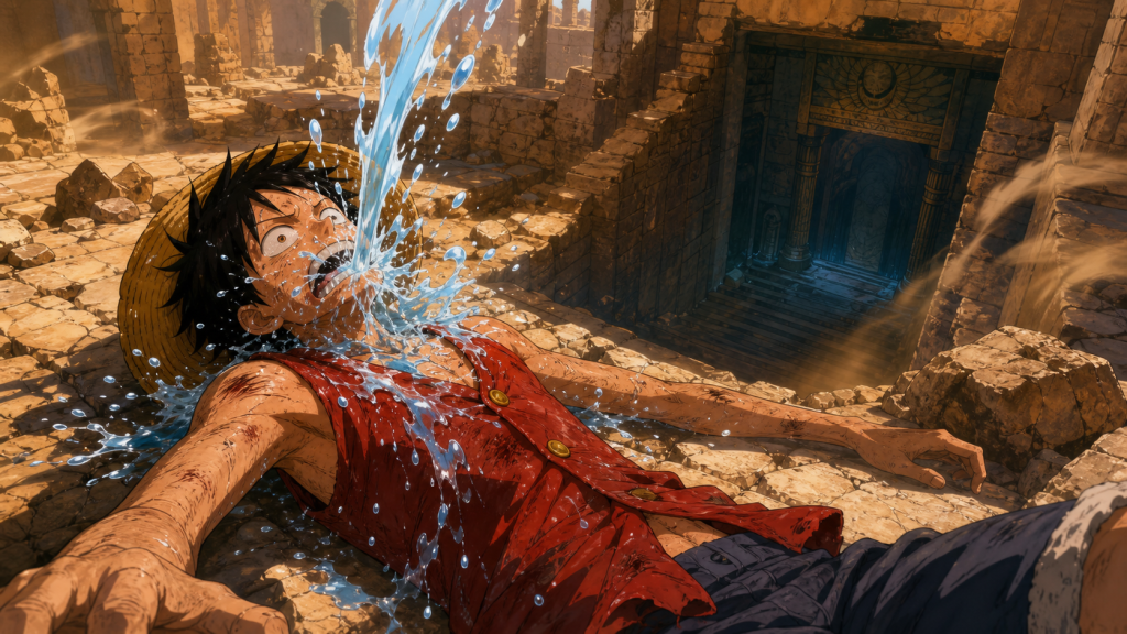 Falling water revives a dehydrated Luffy beside the entrance to Alabasta’s underground royal tomb