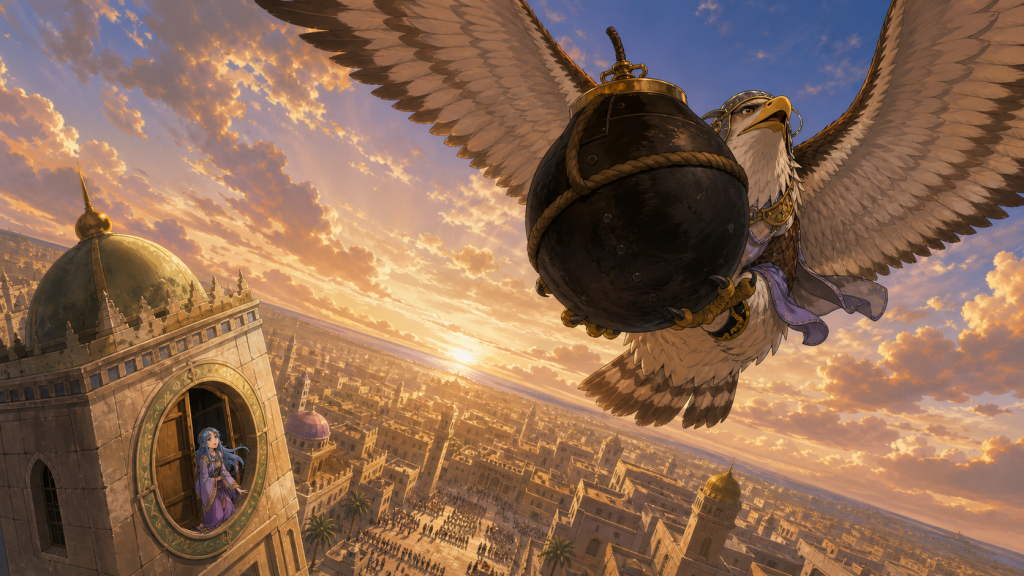 Pell carries Alabasta’s timed cannon shell into the sunset sky above Vivi and the clock tower