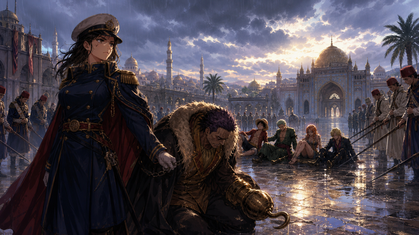 Tashigi guards the exhausted Straw Hats while Crocodile sits chained in rain-soaked Alubarna