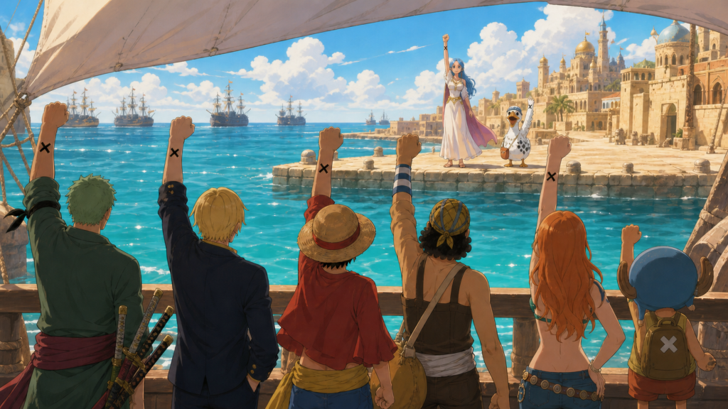The Straw Hats raise marked left arms from the Going Merry while Vivi and Karoo answer from Alabasta