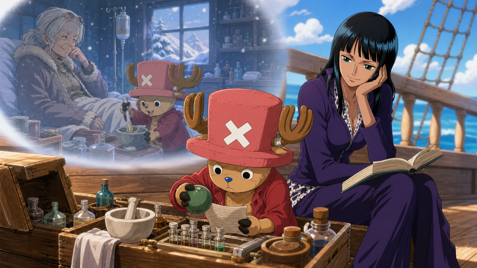Chopper studies a green medicine ball beside Robin as he remembers treating Dr. Kureha in her snowy clinic