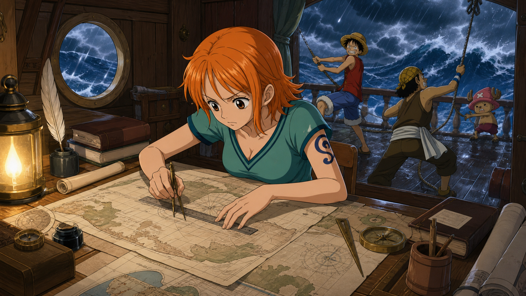 Nami drafts a detailed sea chart by lamplight while Luffy, Usopp, and Chopper secure the Going Merry in a cyclone