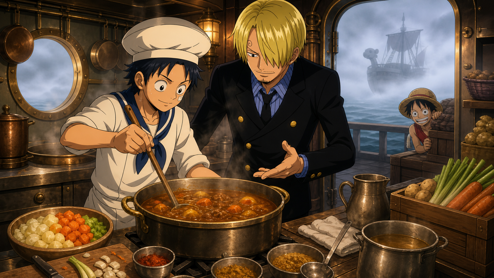 Sanji guides Marine trainee Tajio as the young cook prepares curry in a warm ship galley hidden by sea fog