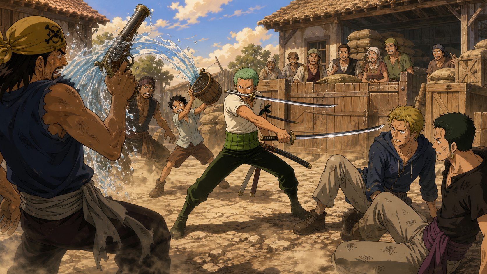 Zoro protects Johnny, Yosaku, Harry, and a village storehouse from the Dick Bandits
