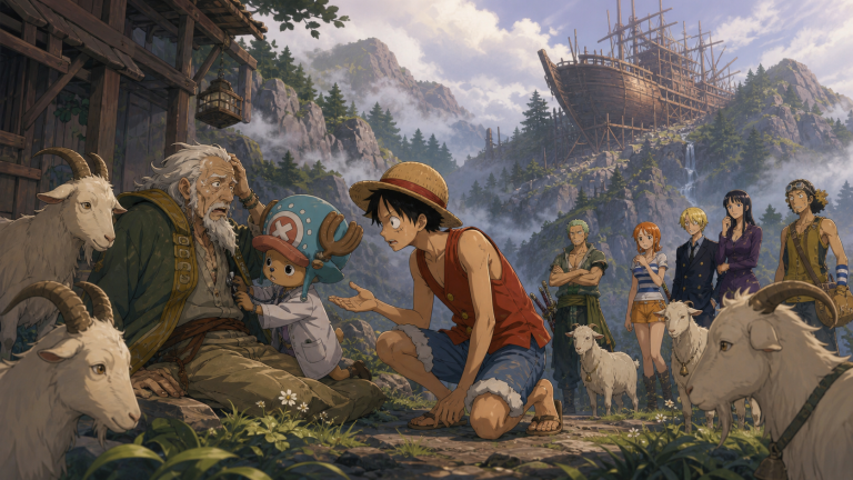 Luffy and Chopper help an elderly Zenny while goats guard his unfinished mountain pirate ship