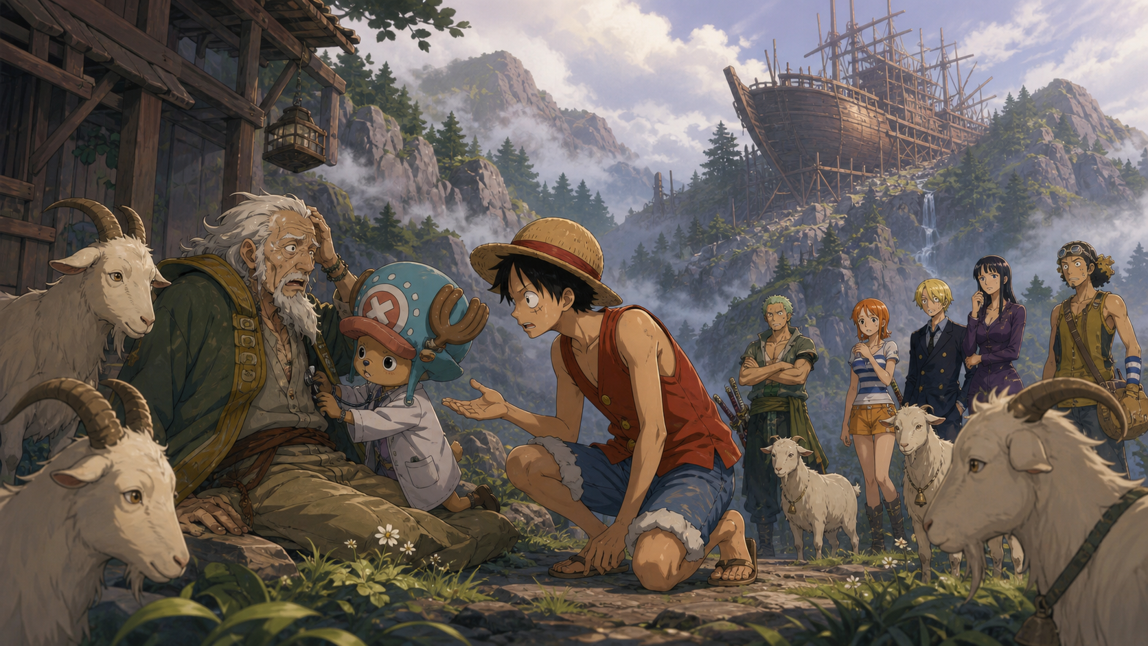 Luffy and Chopper help an elderly Zenny while goats guard his unfinished mountain pirate ship