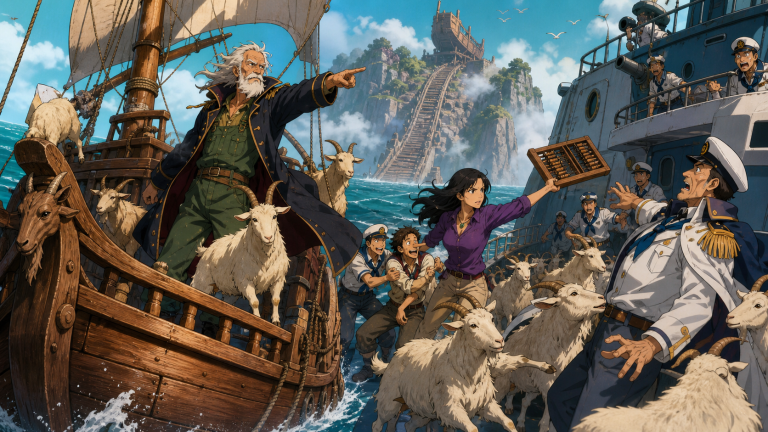 Zenny commands his launched pirate ship while Robin and the goats stop Minchey’s corrupt treasure raid