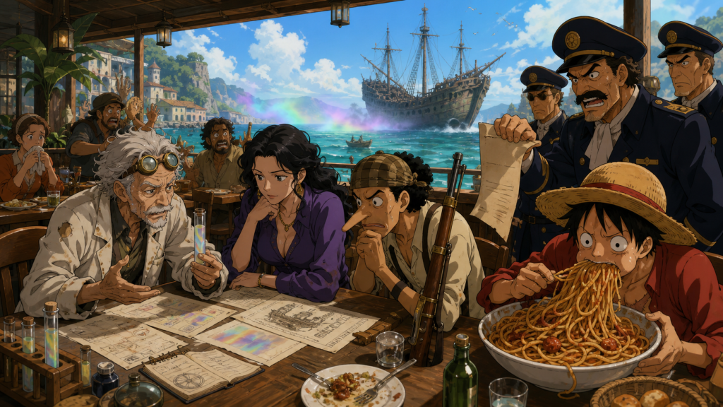 Henzo studies the Rainbow Mist while Ruluka tax collectors charge Luffy for an enormous spaghetti meal