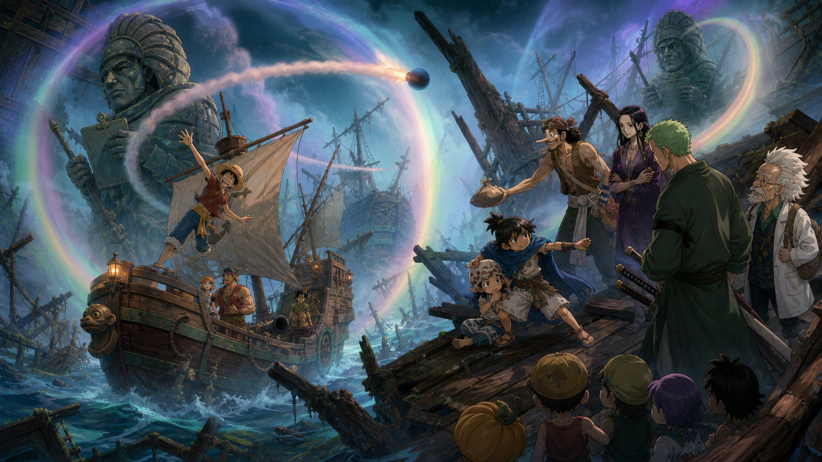 Luffy tests Ape’s Concert’s warped space while Rapanui protects Pukau and Usopp offers the Pumpkin Pirates food