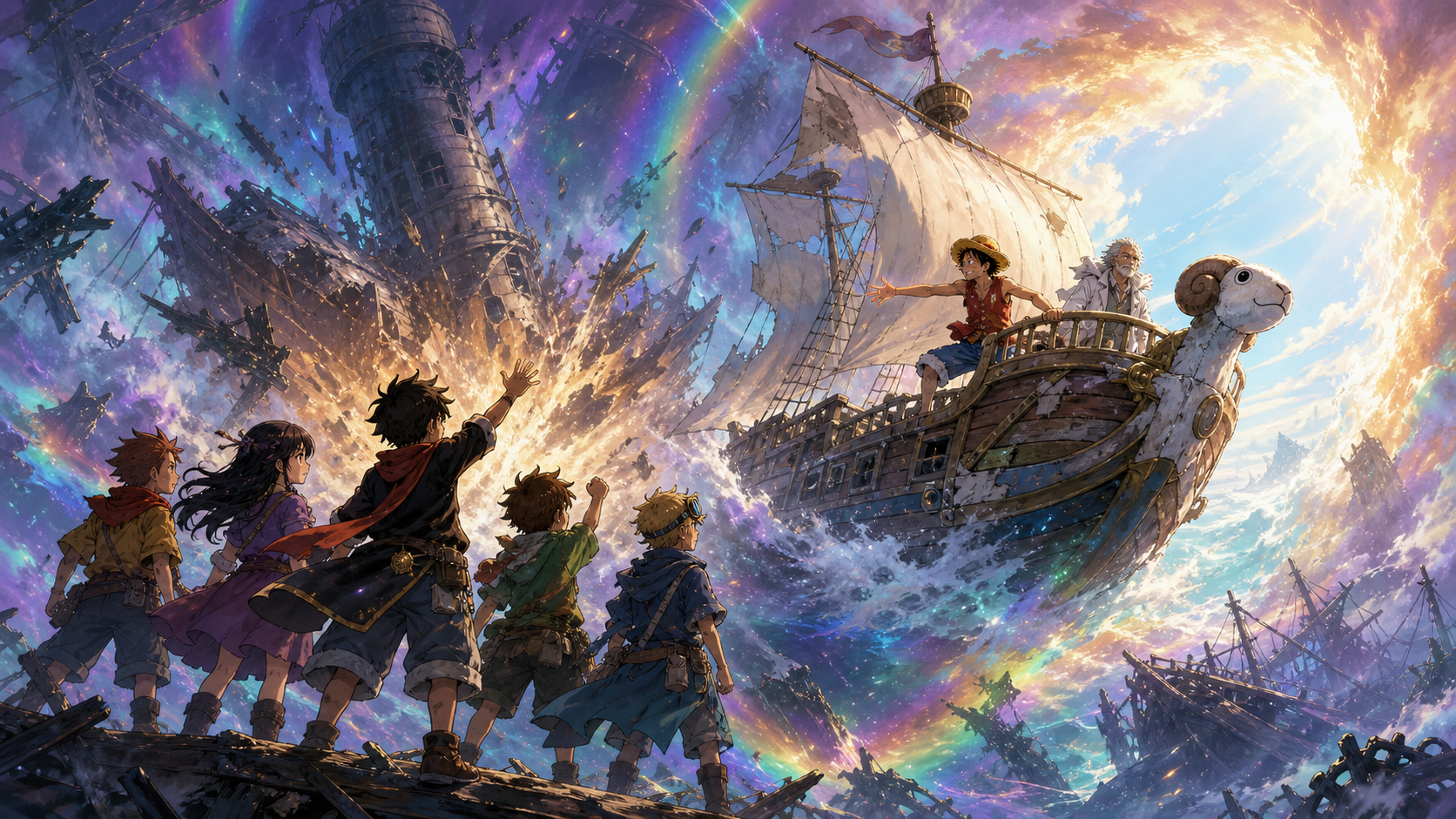 The Pumpkin Pirates create the blast that sends the damaged Going Merry through the collapsing Rainbow Mist