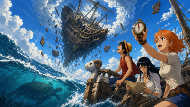 Nami’s Log Pose points upward as a 200-year-old galleon crashes from the sky toward the Going Merry