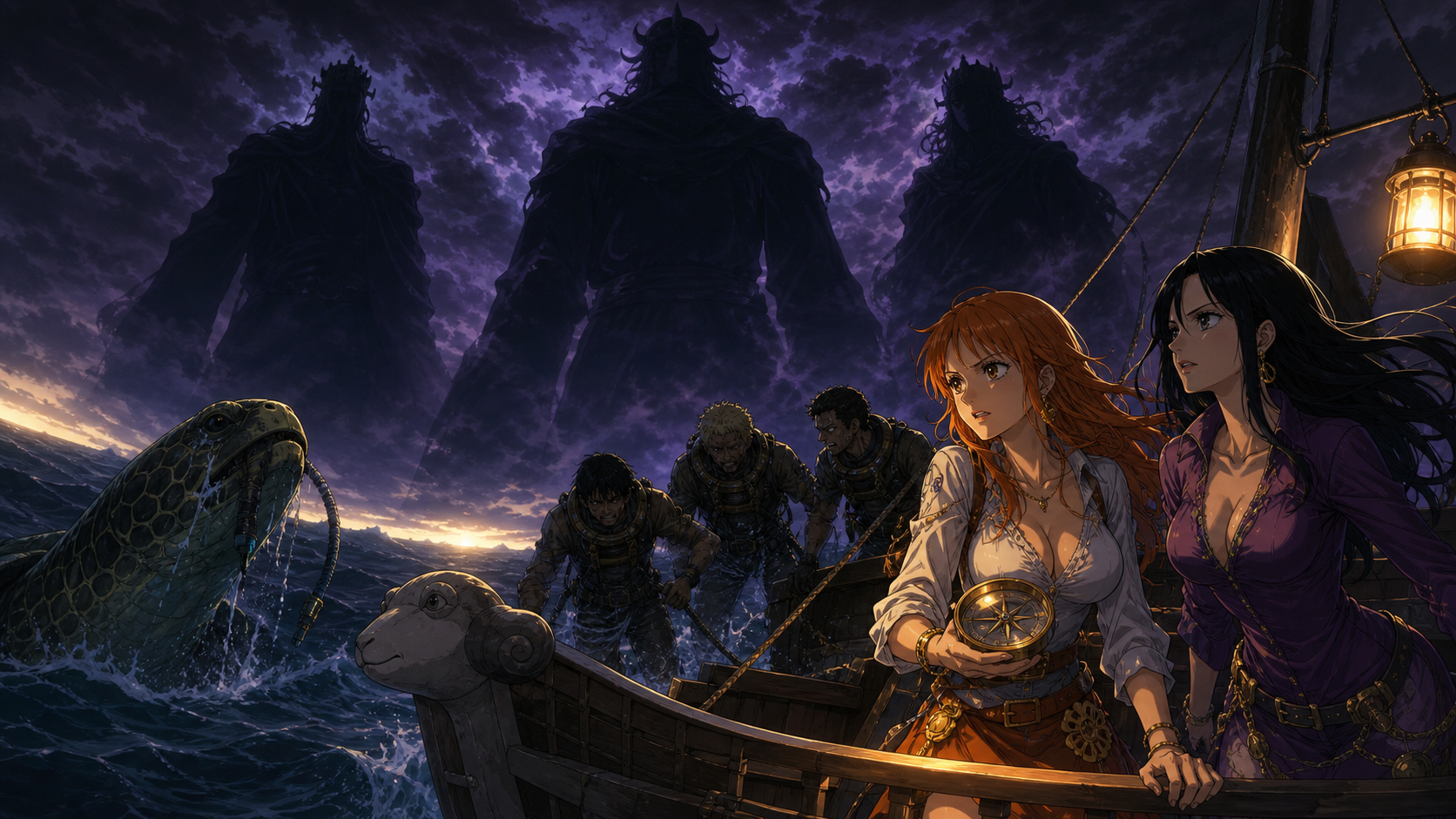 Nami guides the Going Merry away from a giant turtle as three impossible shadows turn midday into false night