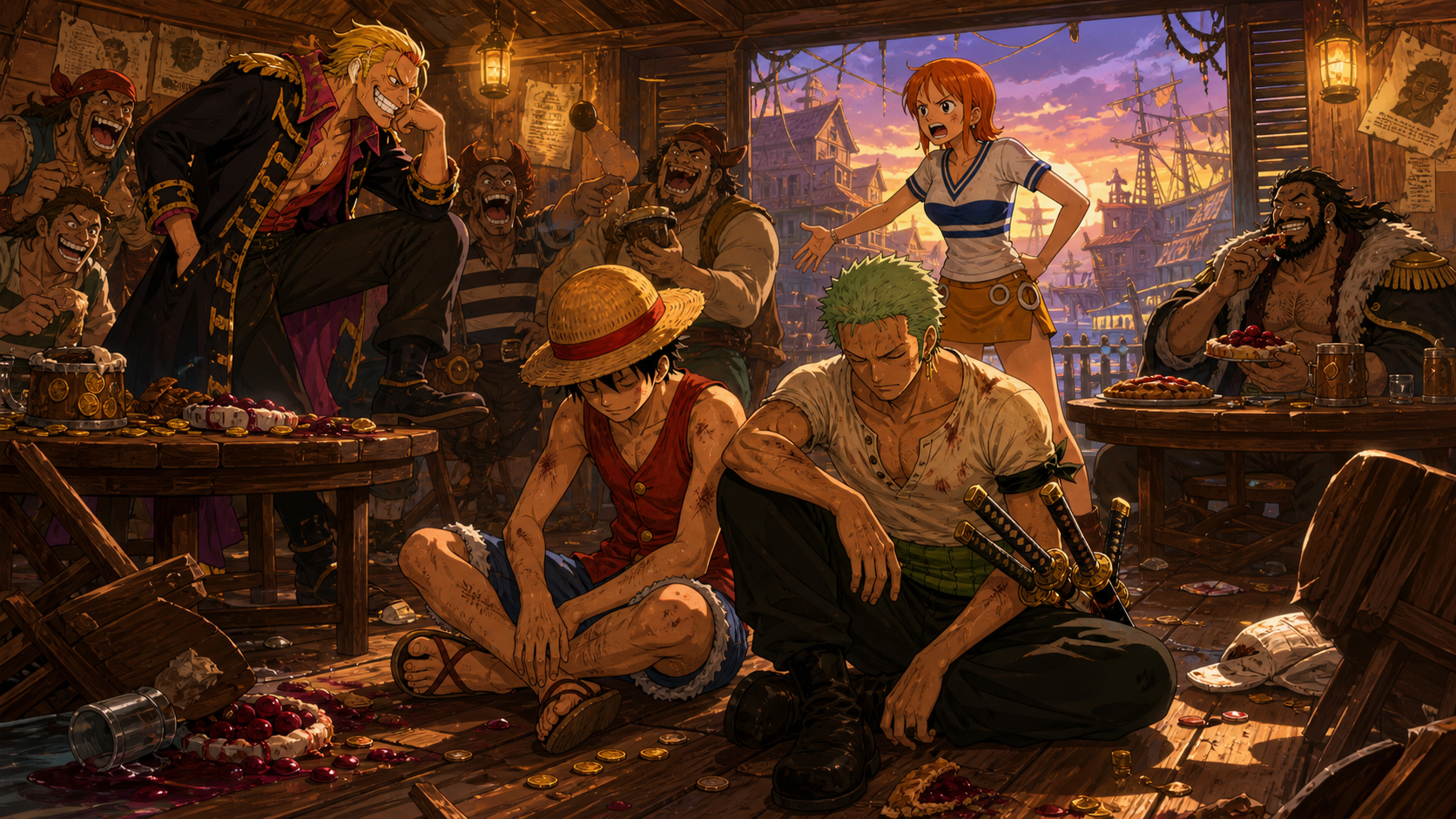Luffy and Zoro refuse to retaliate while Bellamy’s crew laughs at their belief in Sky Island inside a Mock Town tavern