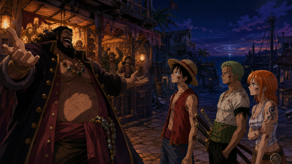Blackbeard declares that people’s dreams never end while battered Luffy, Zoro, and Nami leave Mock Town