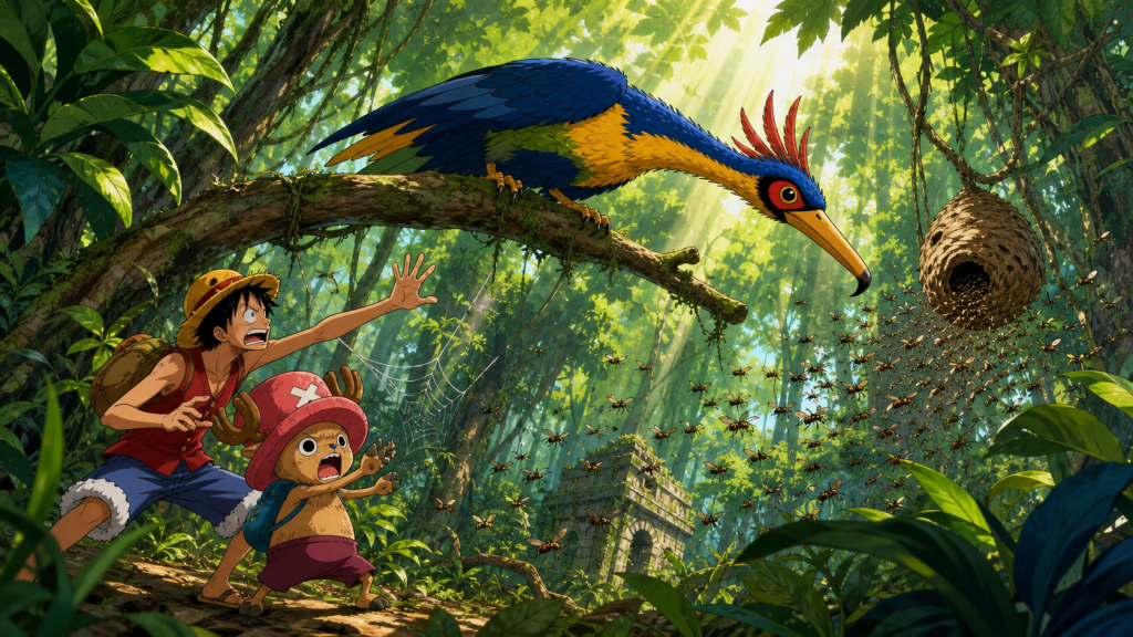 A South Bird outsmarts Luffy and Chopper in Jaya’s forest as a disturbed nest sends insects through the search party