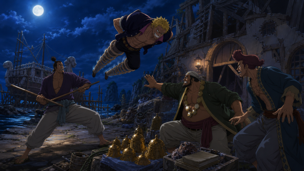 Bellamy uses his spring-powered limbs to attack Cricket, Masira, and Shoujou while they defend ten years of recovered gold and salvage records