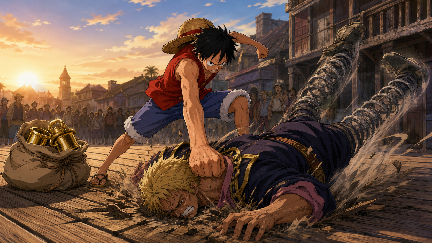 Luffy ends Bellamy’s spring assault with one controlled punch while Cricket’s recovered gold waits beside the shattered Mock Town boardwalk