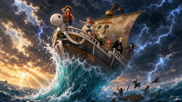 The Going Merry climbs the roaring Knock Up Stream beneath a lightning-dark cloud while Luffy celebrates and Nami directs the crew