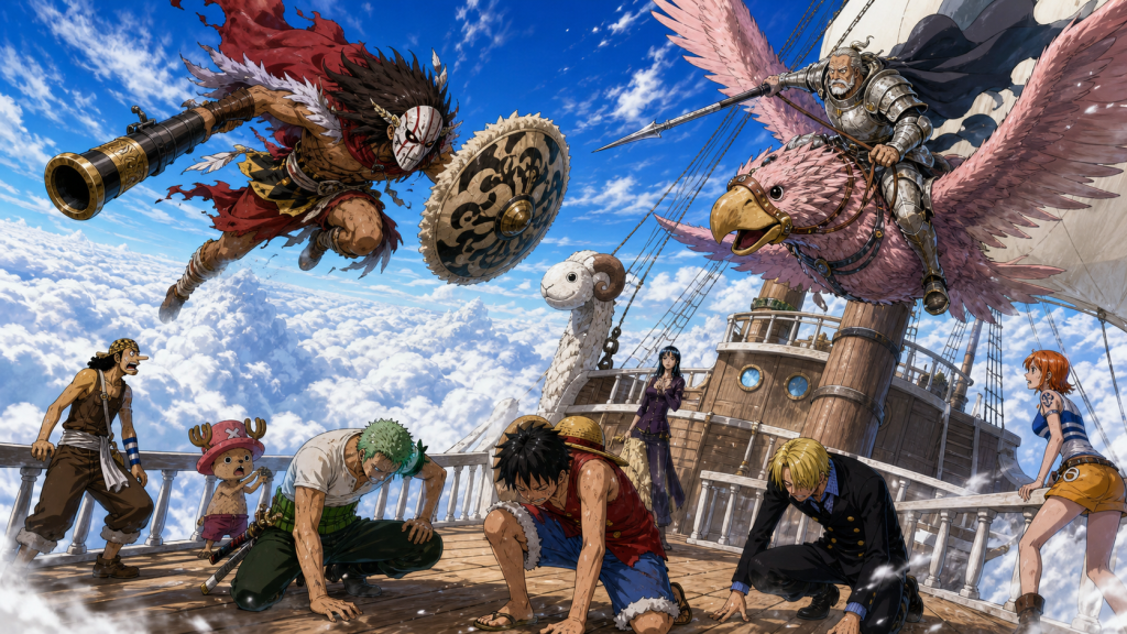 Gan Fall and Pierre intercept a masked sky warrior above the Going Merry while Luffy, Zoro, and Sanji struggle in the thin White Sea air
