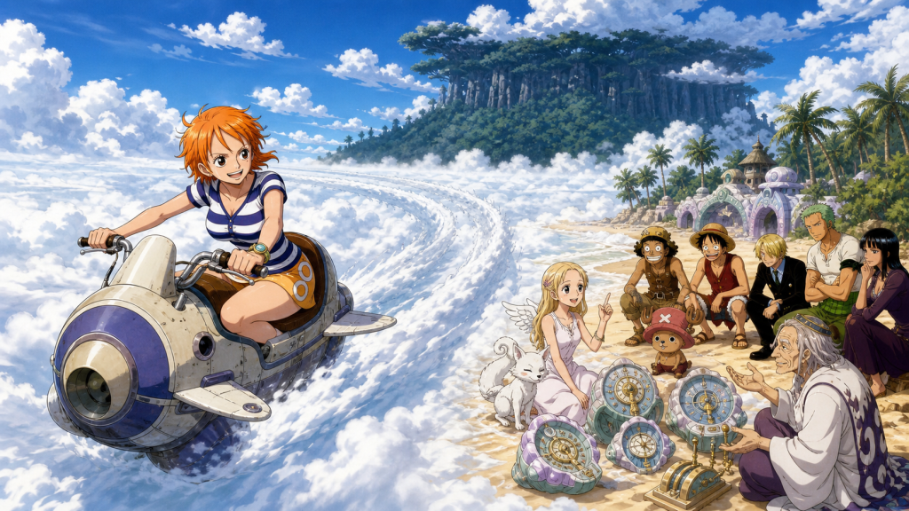 Nami races a Waver across the White-White Sea while Conis and Pagaya demonstrate dials on Angel Beach and Upper Yard rises beyond them