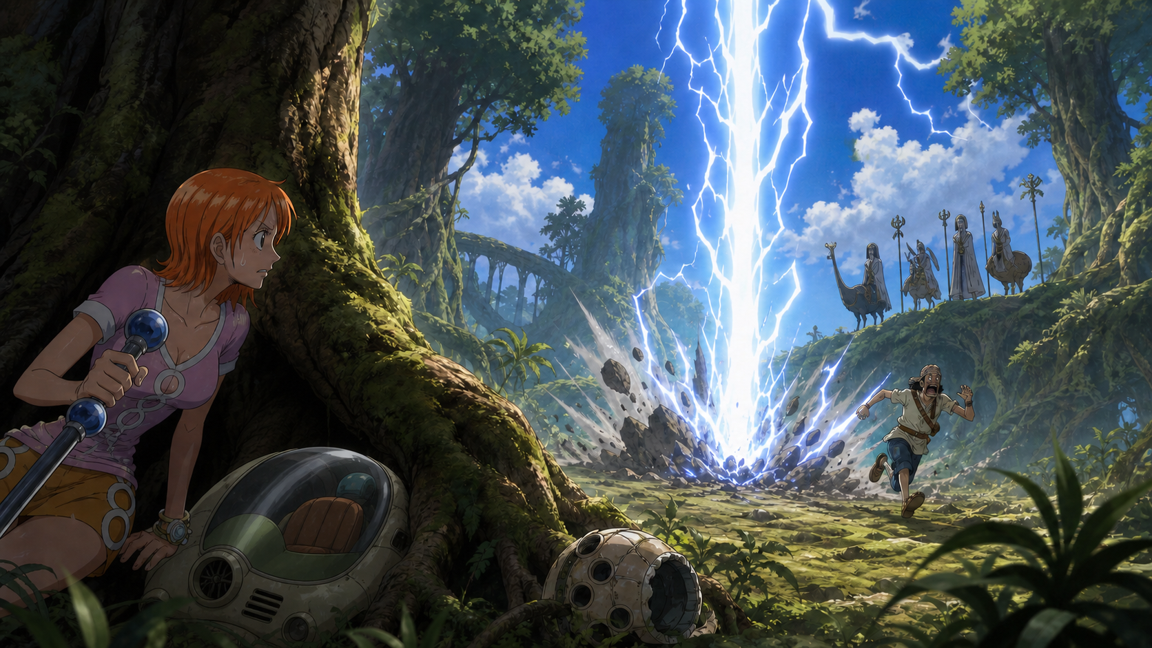 Nami hides beside her Waver in Upper Yard as divine lightning strikes a fleeing man and armed sky priests watch from a distant ridge