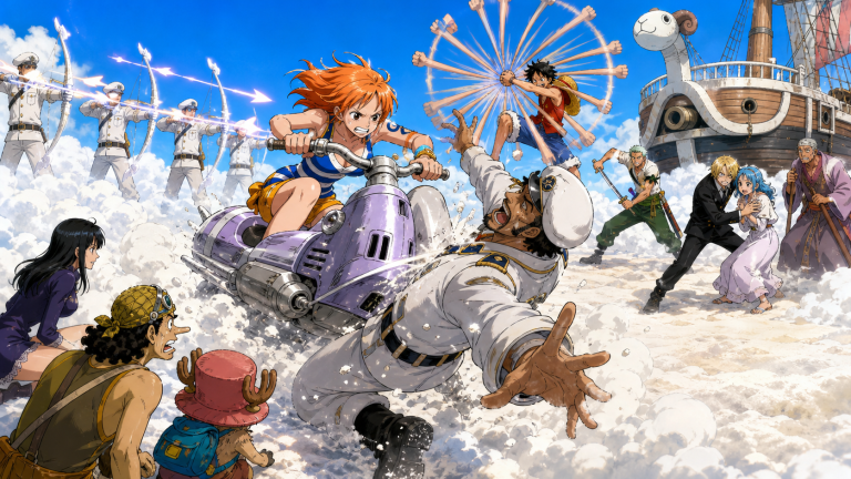 Nami drives her Waver into Captain McKinley on Angel Beach while White Berets fire cloud arrows and Luffy defends Conis and Pagaya