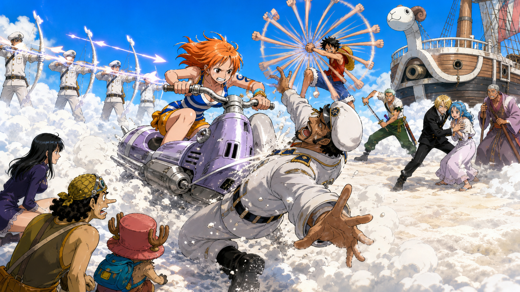 Nami drives her Waver into Captain McKinley on Angel Beach while White Berets fire cloud arrows and Luffy defends Conis and Pagaya
