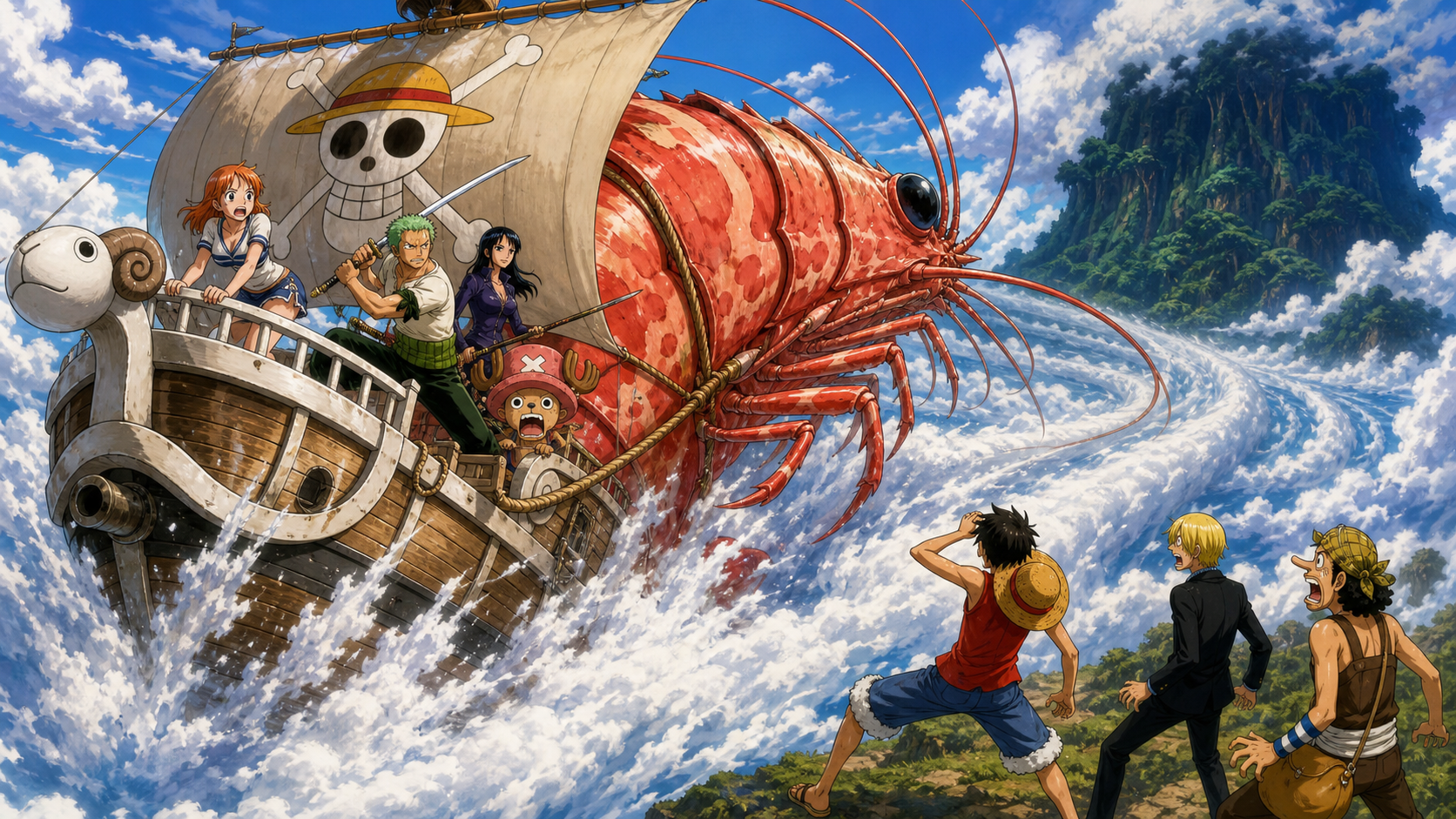 The Super-Express Speedy Shrimp hauls the Going Merry and four Straw Hats toward Upper Yard while Luffy, Sanji, and Usopp react from Angel Island