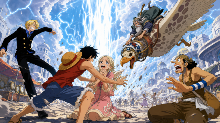 Conis confesses at Lovely Street as Enel’s Heaven’s Judgment falls and Gan Fall on Pierre dives toward Luffy, Sanji, and Usopp