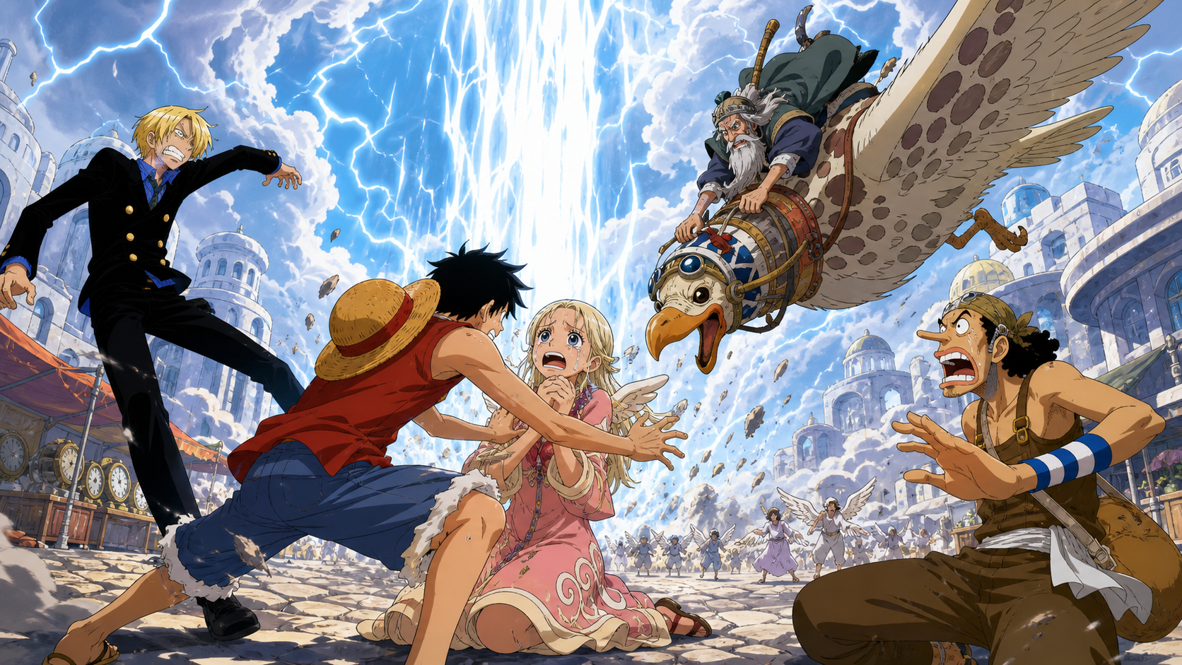 Conis confesses at Lovely Street as Enel’s Heaven’s Judgment falls and Gan Fall on Pierre dives toward Luffy, Sanji, and Usopp
