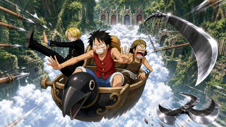 Luffy, Sanji, and Usopp steer the Crow boat through giant scythes, spear volleys, and razor traps on Upper Yard’s Milky Road