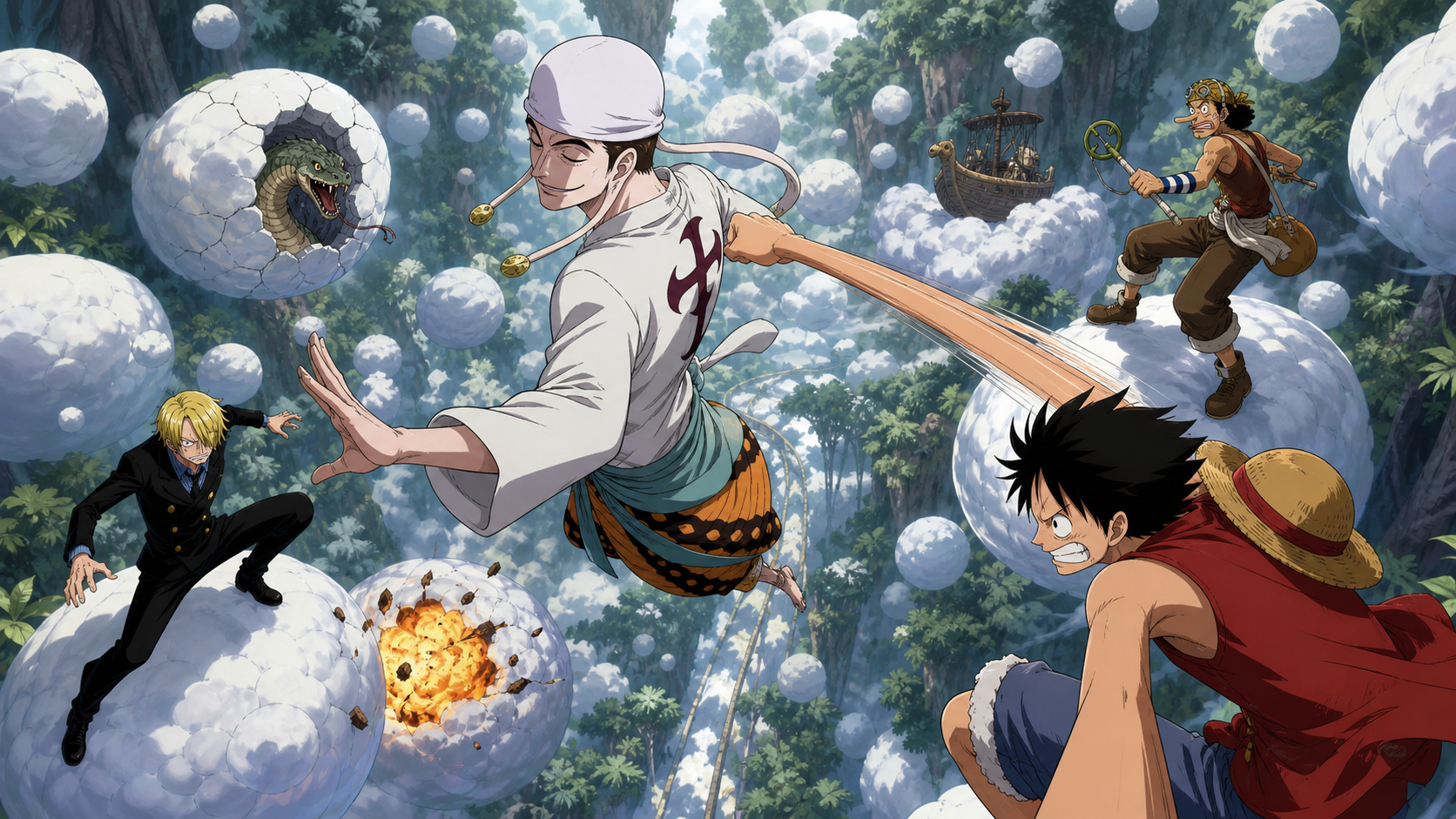 Priest Satori evades Luffy’s stretched punch with Mantra while Sanji and Usopp navigate explosive and snake-filled surprise clouds