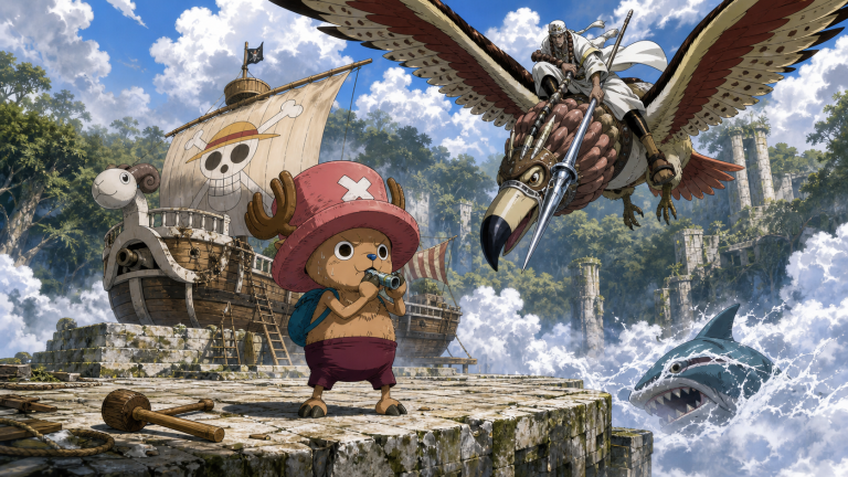 Chopper blows Gan Fall’s whistle beside the Going Merry as Priest Shura descends on Fuza and a Sky Shark breaks through the altar clouds