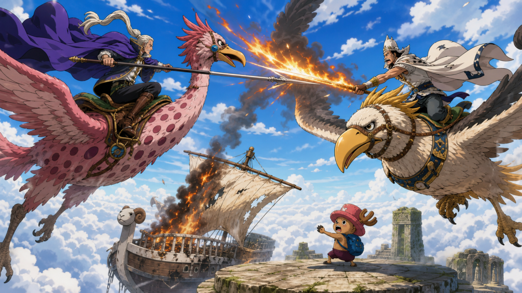 Gan Fall and Pierre clash with Priest Shura and Fuza above the burning Going Merry while Chopper protects the ship on the Sacrificial Altar