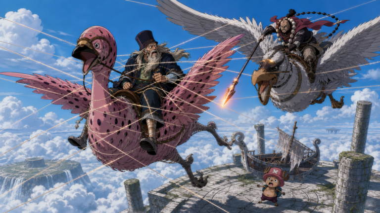 Gan Fall and Pierre are trapped by Shura’s nearly invisible strings above the Sacrificial Altar while Chopper watches from beside the Going Merry