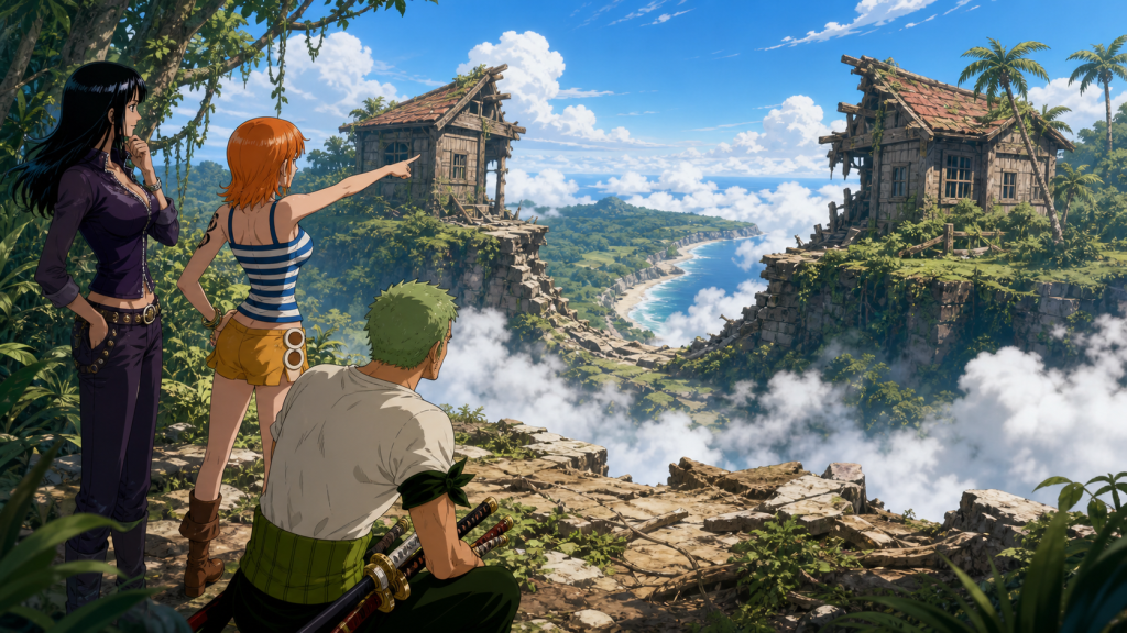 Nami points toward the matching half of Noland’s house as Robin and Zoro see how Upper Yard fits the broken coastline of Jaya
