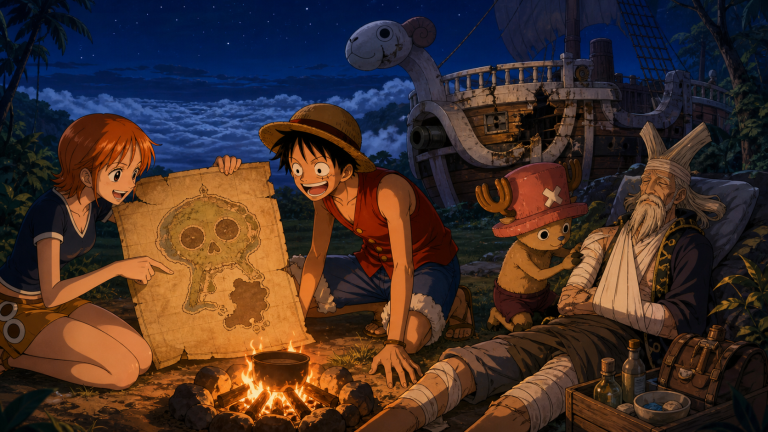 Nami shows Luffy the skull-shaped Jaya map beside the Upper Yard campfire while Chopper treats the injured Gan Fall near the damaged Going Merry