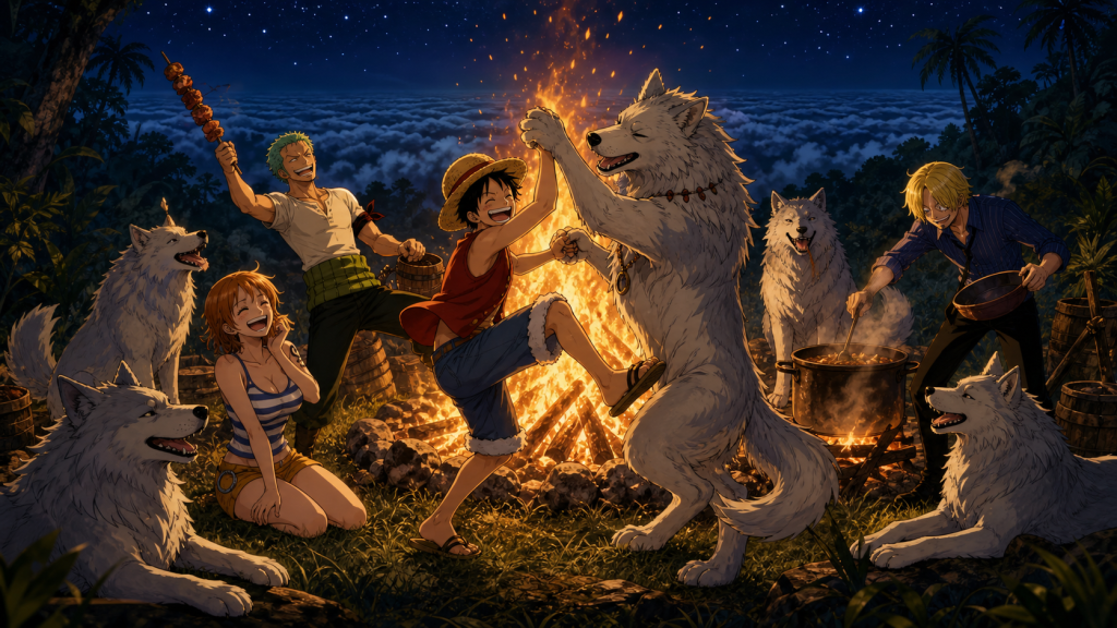 Luffy dances with the Sky Wolf leader beside the Upper Yard campfire while Nami, Zoro, and Sanji celebrate before the City of Gold search