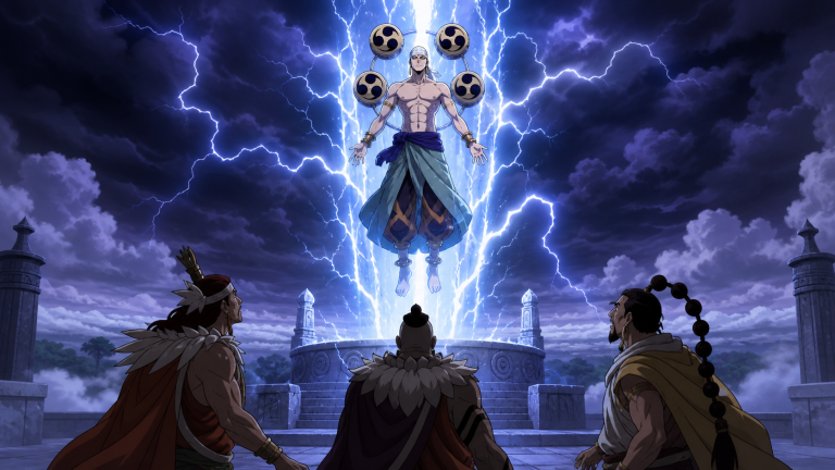 Enel materializes in blue-white lightning above Shura, Ohm, and Gedatsu at the Upper Yard shrine before opening every priest territory